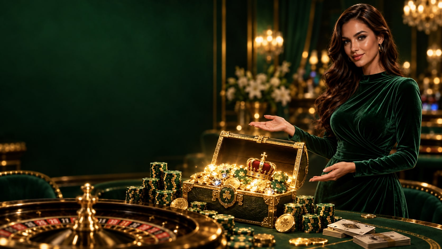 Promozioni da leggere insieme alle condizioni Hostess di Nightluck casino che presenta uno scrigno dorato pieno di fiches