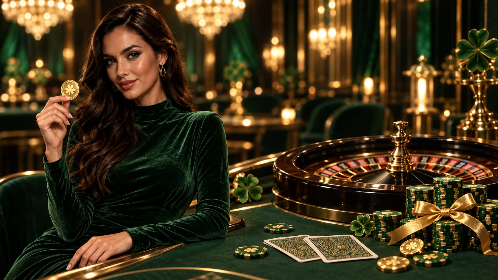 Offerta promozionale al tavolo da gioco Hostess con una moneta dorata accanto alla roulette, carte e fiches legate da un fiocco