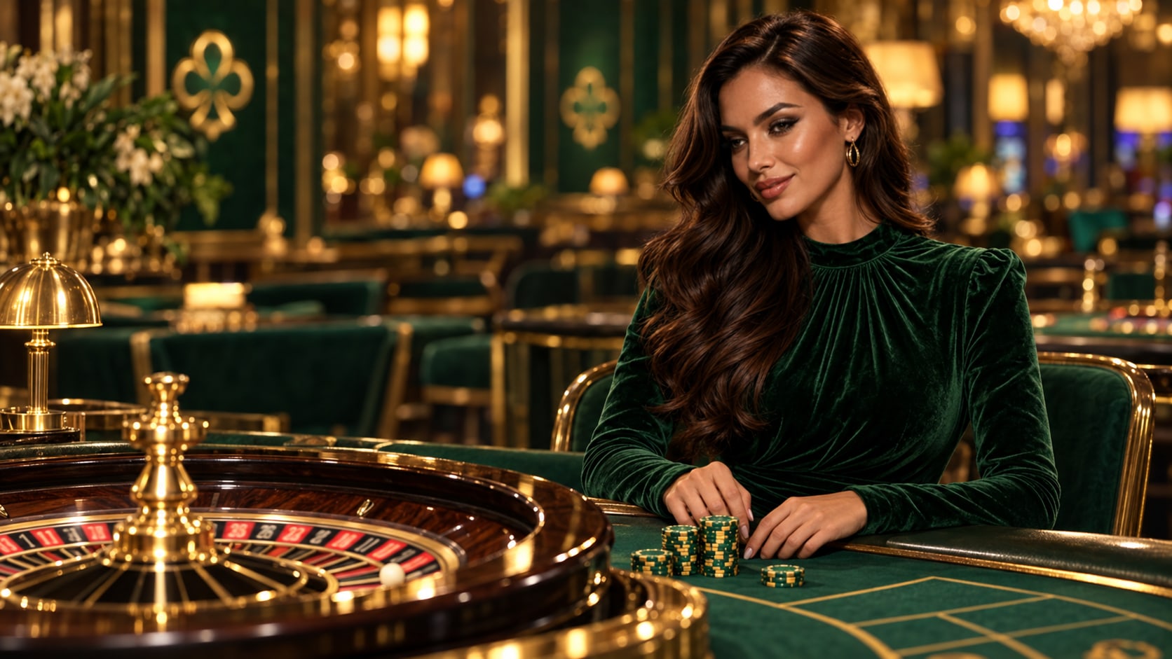 Hostess seduta al tavolo da roulette mentre sistema fiches verdi e dorate