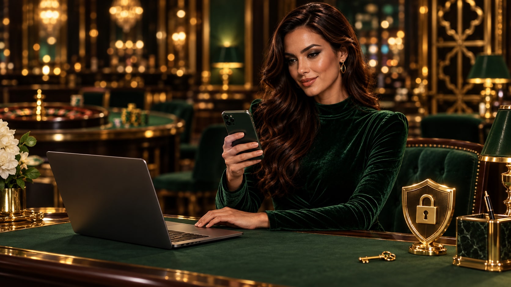 Protezione dell'account dopo il login Hostess alla scrivania con smartphone, laptop e scudo dorato con lucchetto